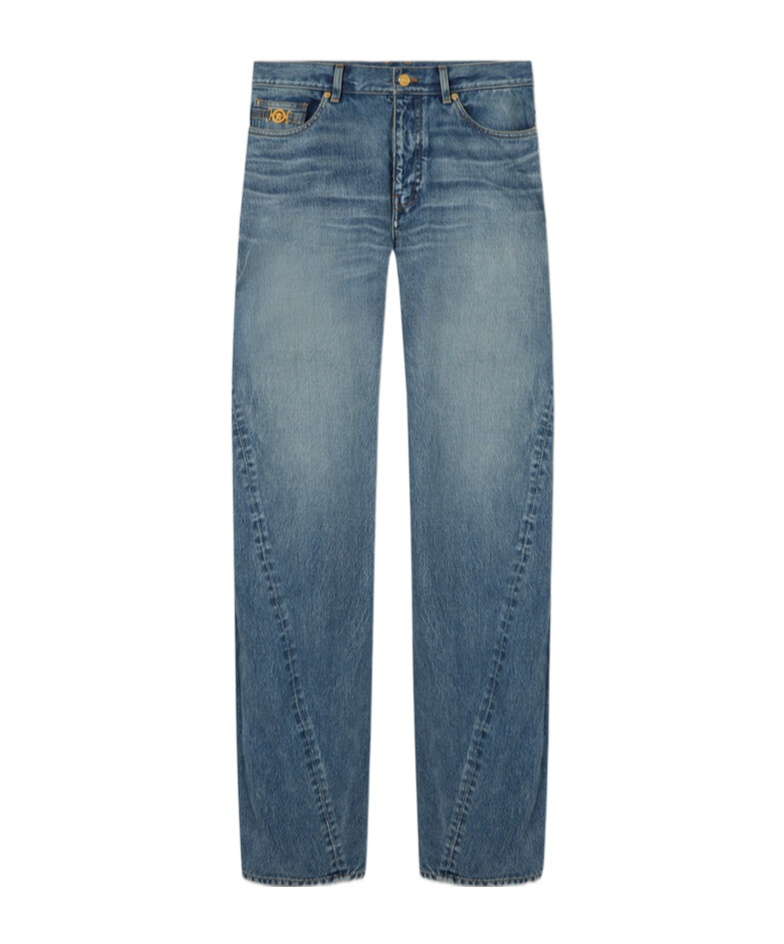Versace Baggy Twisted Japanese Jeans In Blue