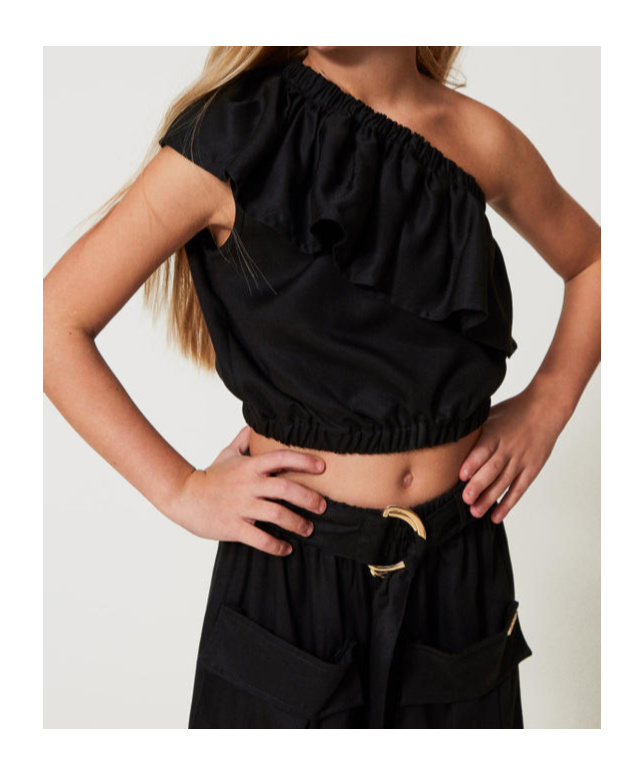 Twinset Slated Shoulder Top With Flounce In Black