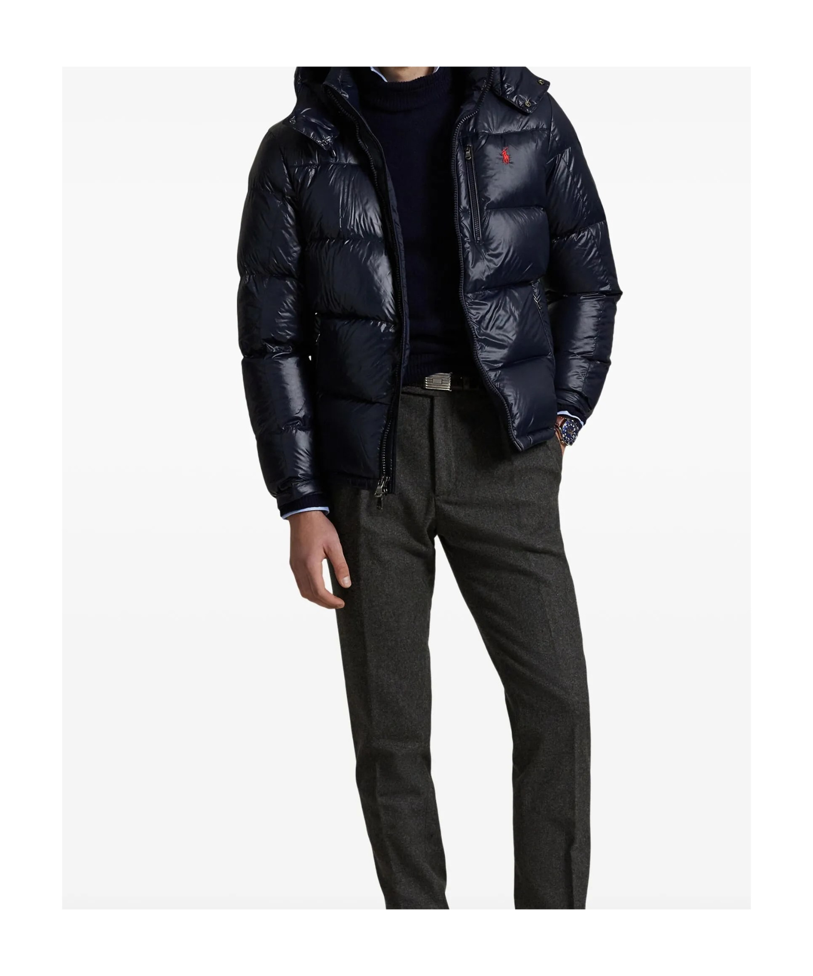 Polo Ralph Lauren Black Down Jacket With Patent Effect And Embroidered Pony Logo On Chest In Tech Fabric Man In Blue