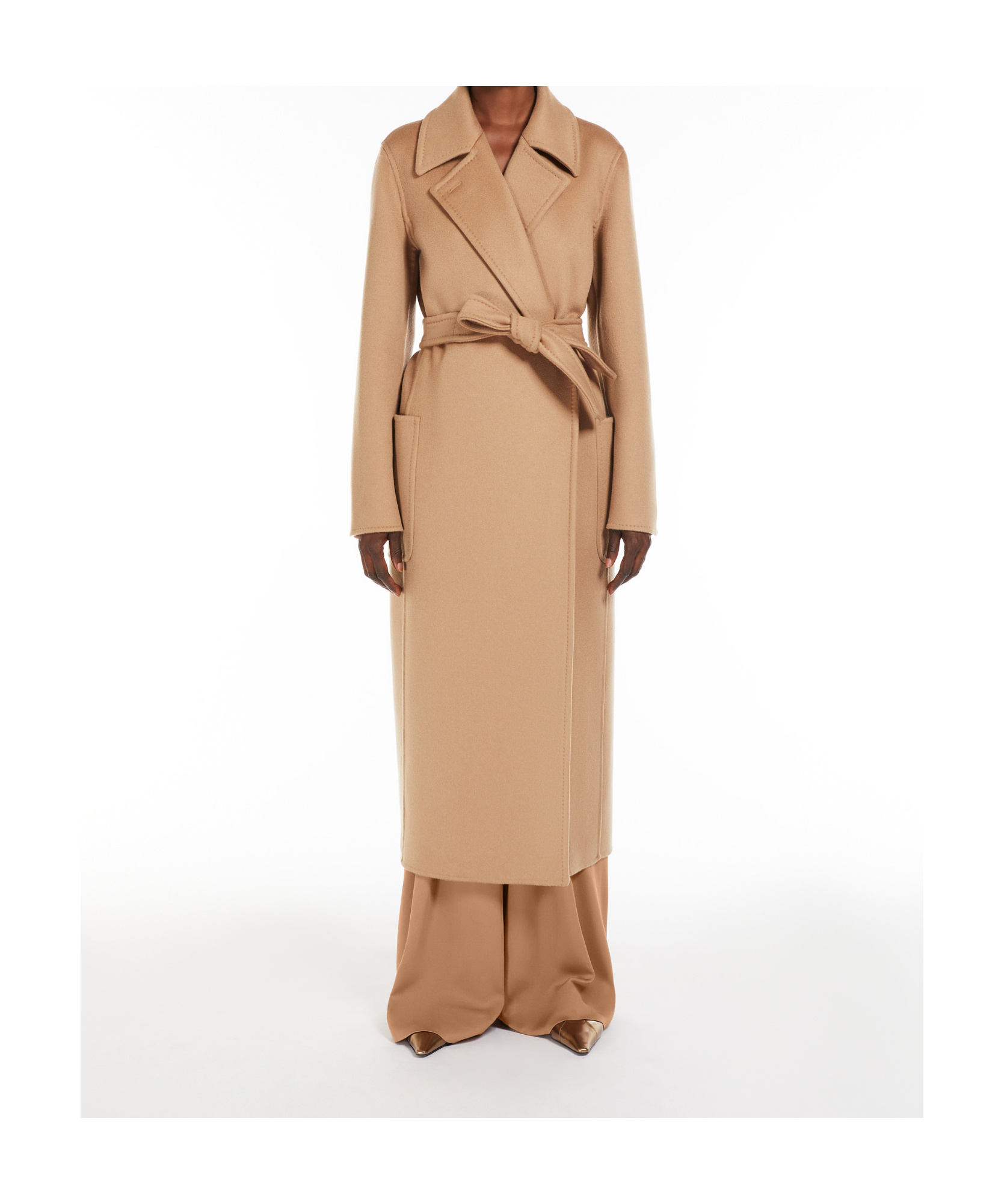 Max Mara Dove Grey Long Coat With Belted Waist And Classic Lapel In Nude