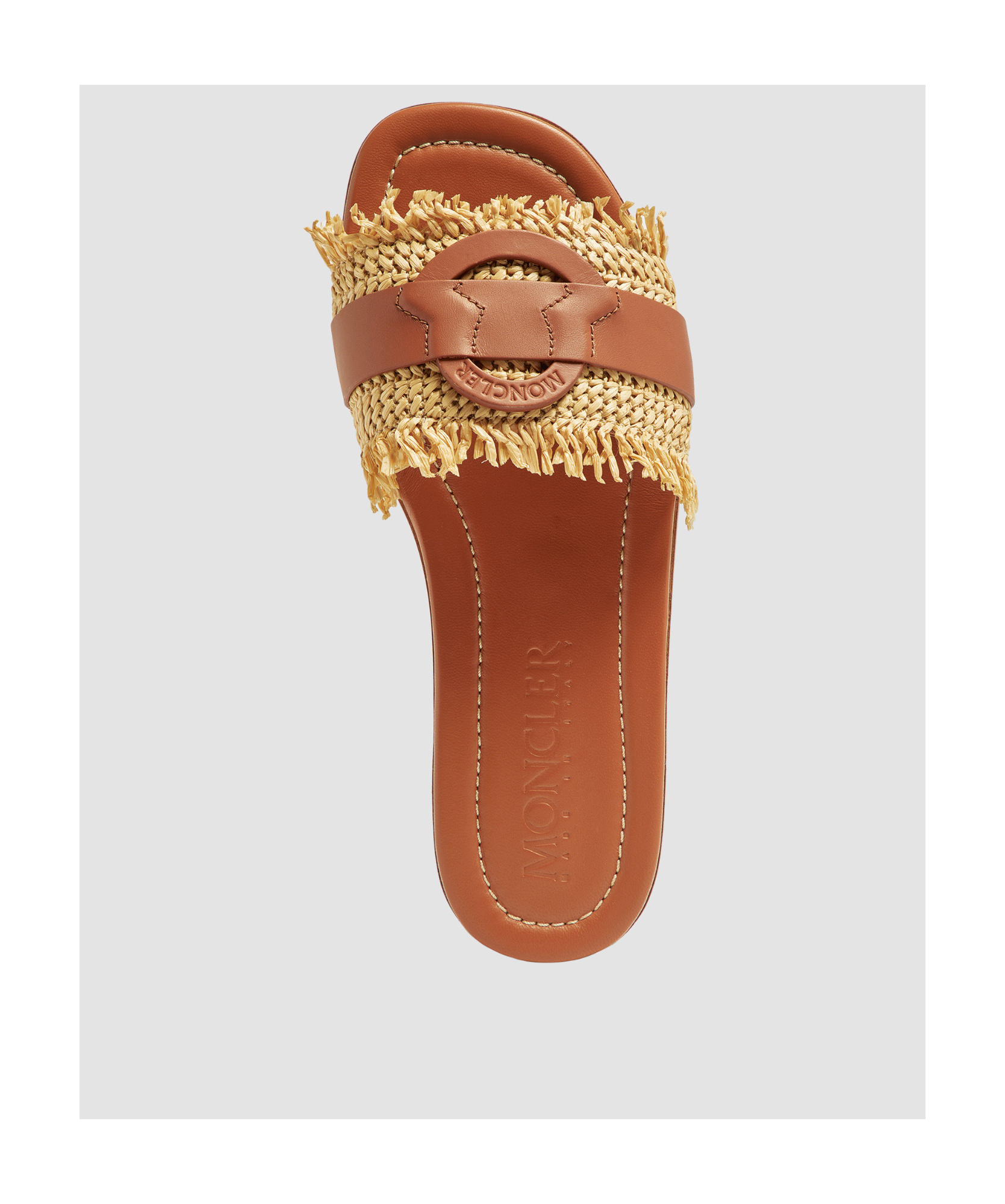 Moncler Bell Raffia  Leather Sliders In Brown