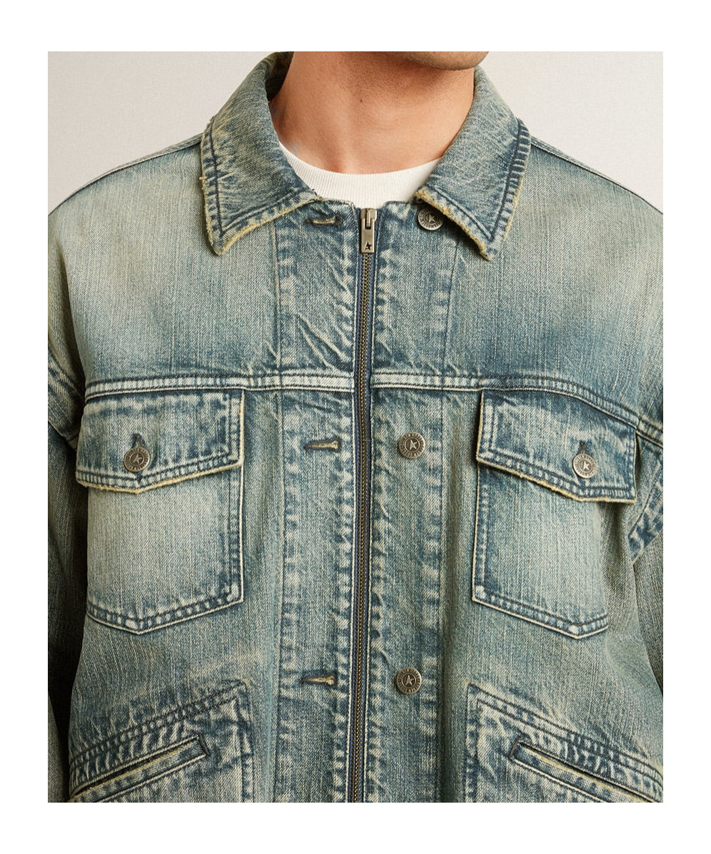 Golden Goose Men's Washed Denim Jacket With Wool Blend Ribbing In Gray