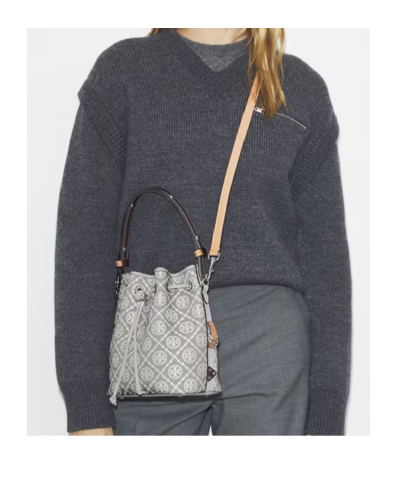 Tory Burch Mini T Monogram Jacquard Utility Bucket Bag In Gray