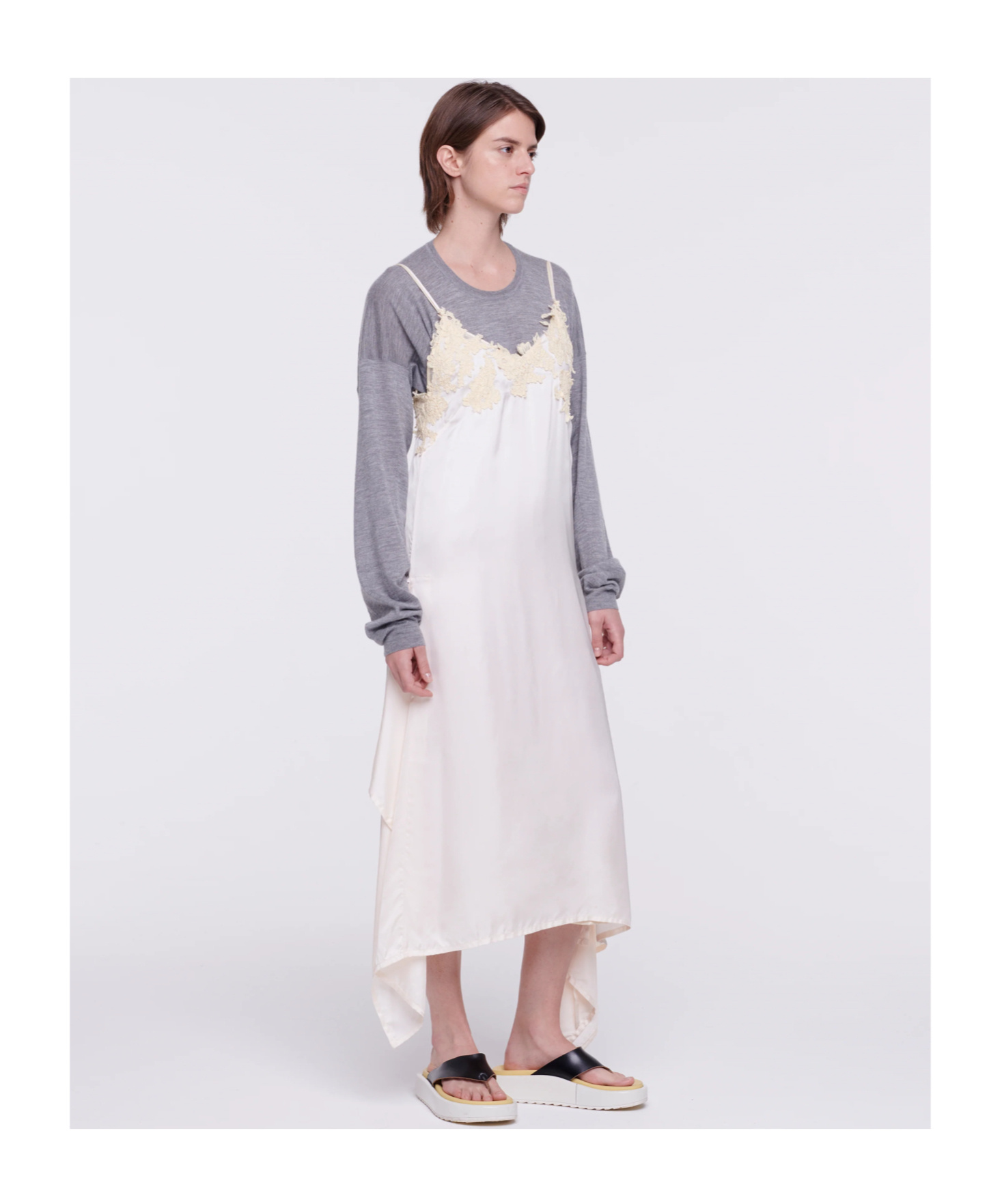Plan C Floral-lace Satin Slip Dress In White