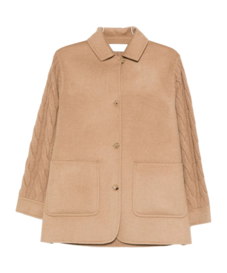 Max Mara Tacco Camel Hair Braided Coat With Knitted Sleeves In Brown