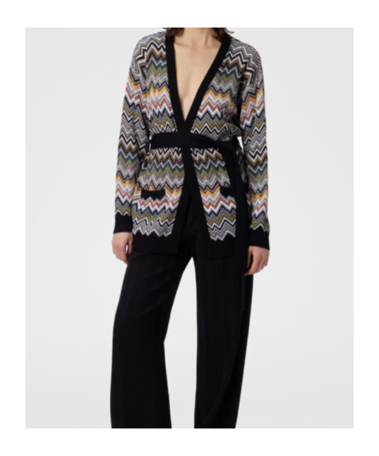 Missoni Relaxed Fit Cardigan With Belt And Chevron Pattern In Multi