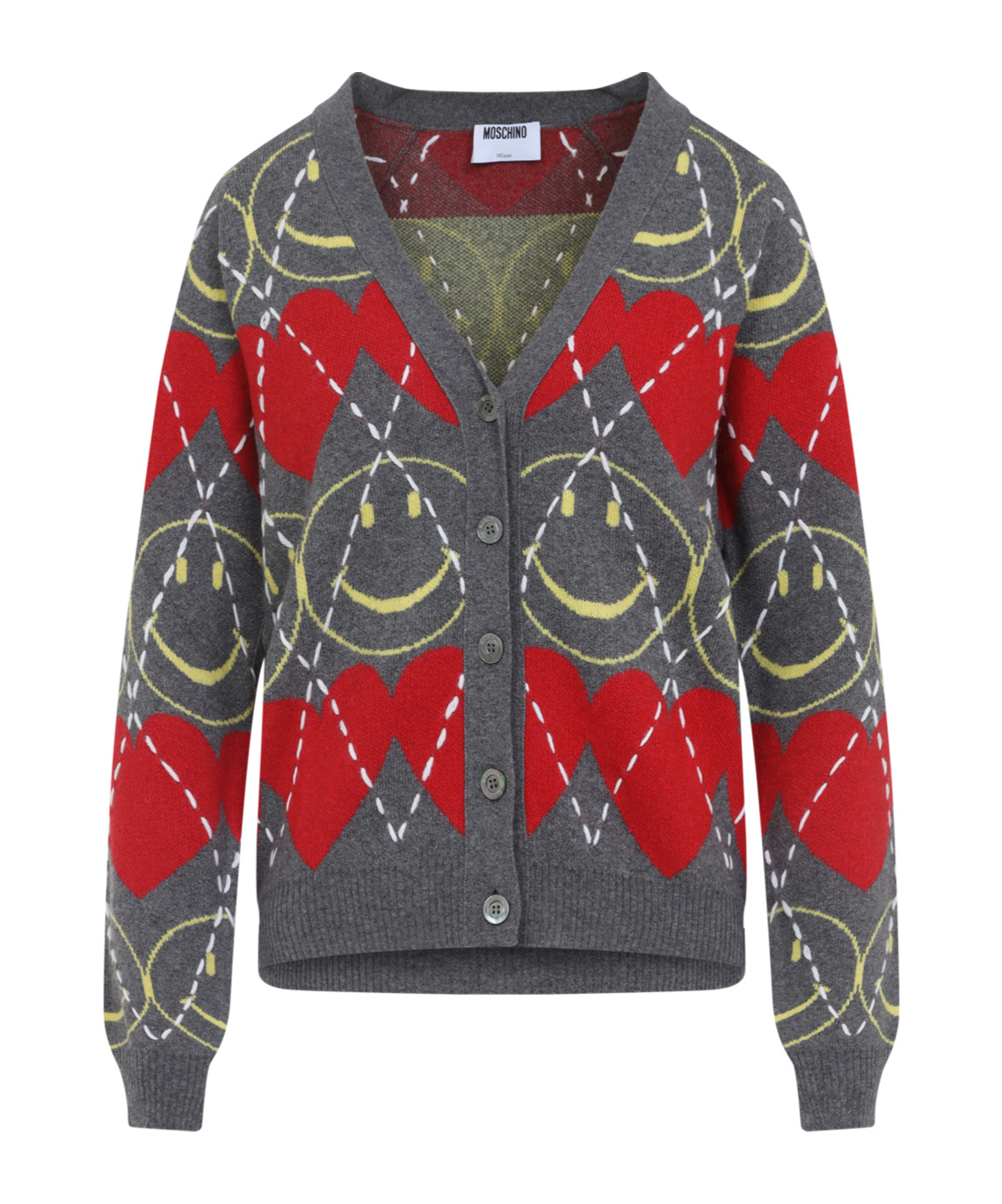 Moschino Jacquard Smile Wool Blend Cardigan In Gray
