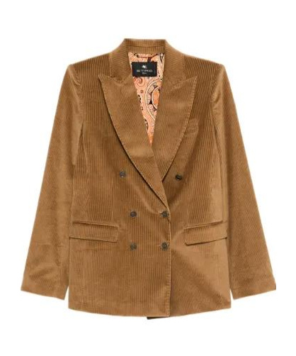 Etro Camel-colored Ribbed Double-breasted Blazer In Brown