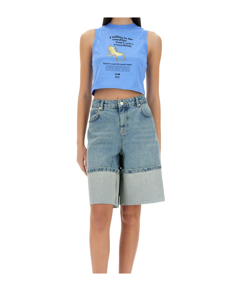 Moschino Cropped Top With Print In Blue