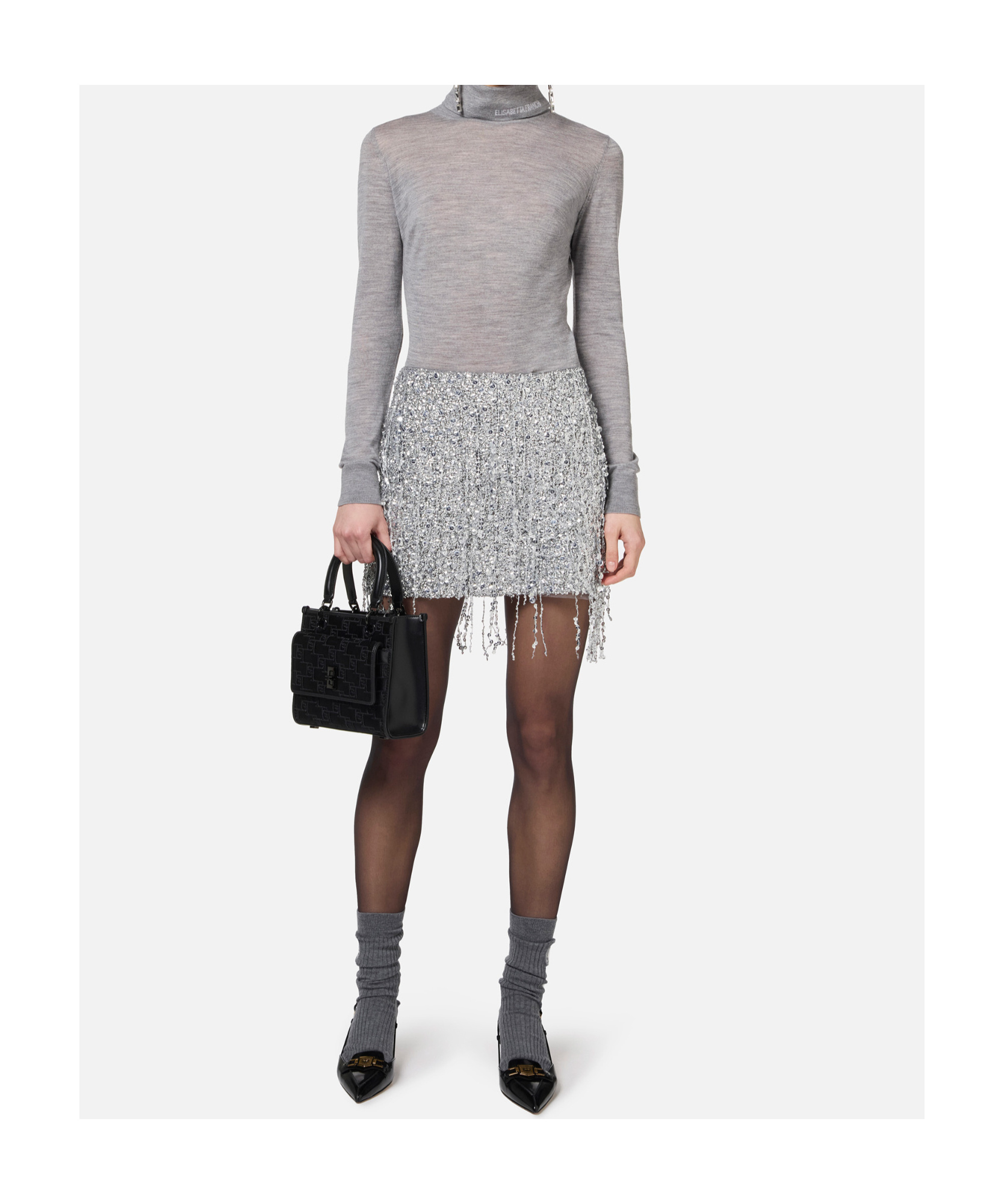 Shop Elisabetta Franchi Sequined Tassel Embroidered Mini Skirt In Gray