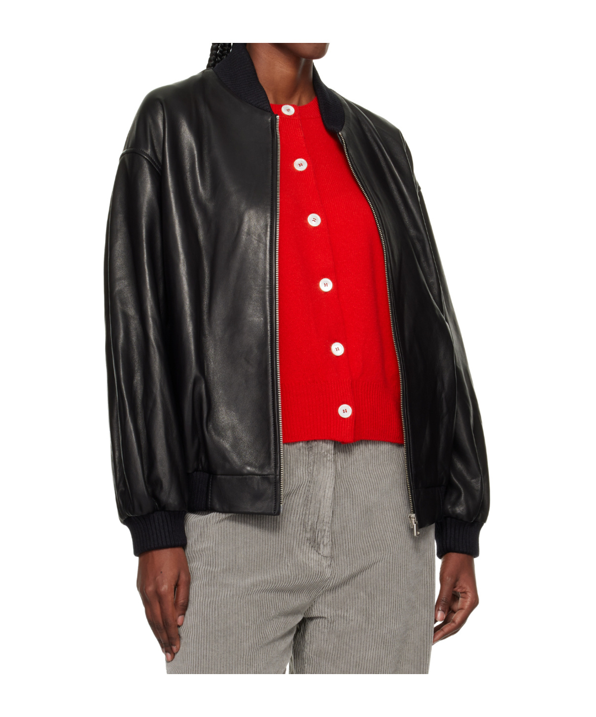 Nour Hammour Long-sleeved Bomber Leather Jacket In Black