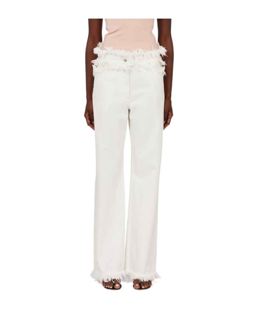 Ferragamo High Waist Wide Leg Trousers With Frayed Hem In White