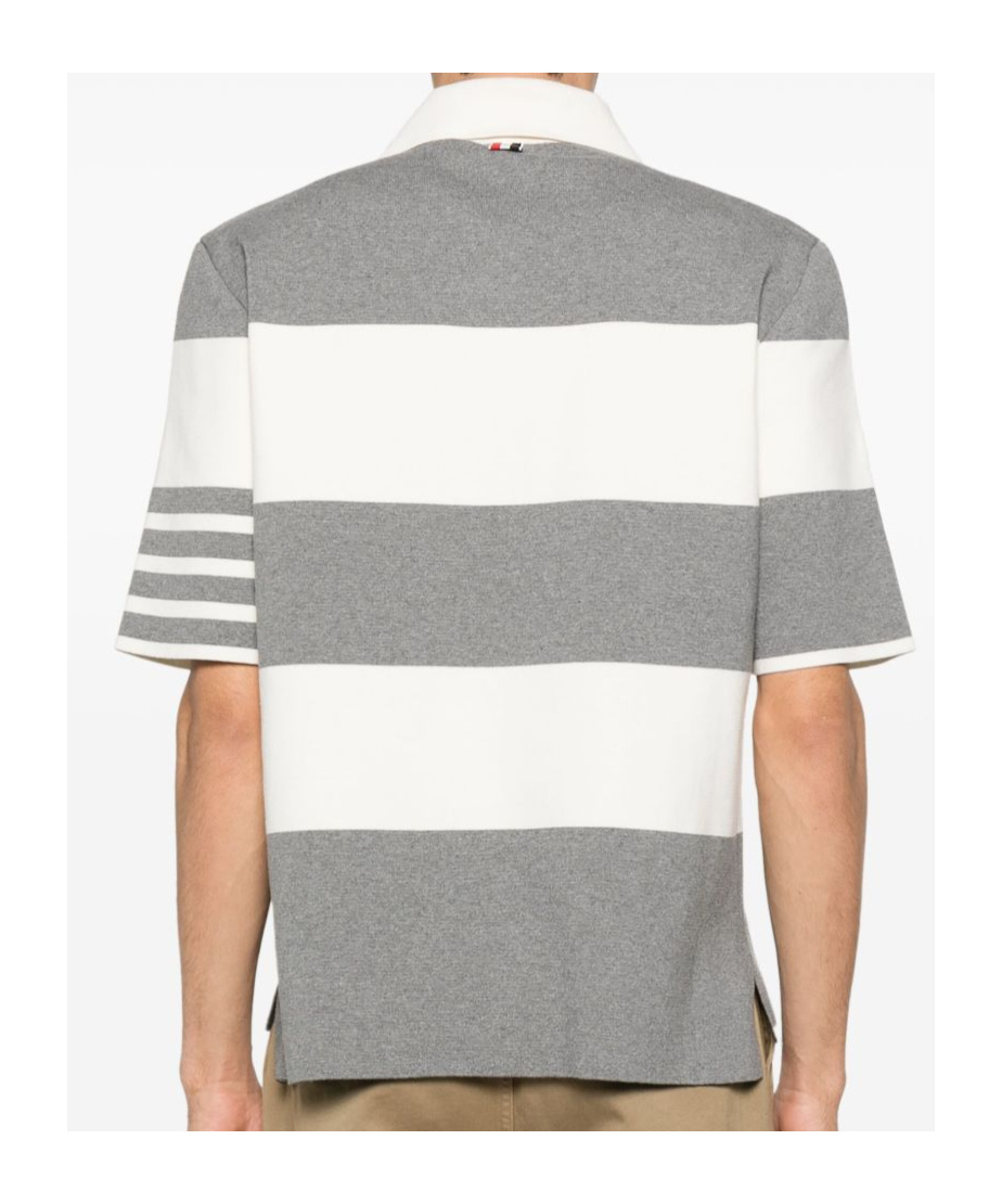 Thom Browne Short-sleeved Polo Shirt With Horizontal Stripes And Classic Collar In Gray
