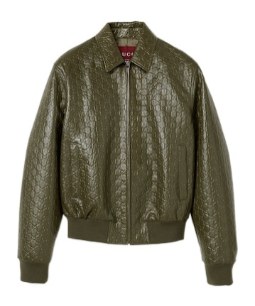 Gucci Embossed Gg Leather Bomber Jacket In Green