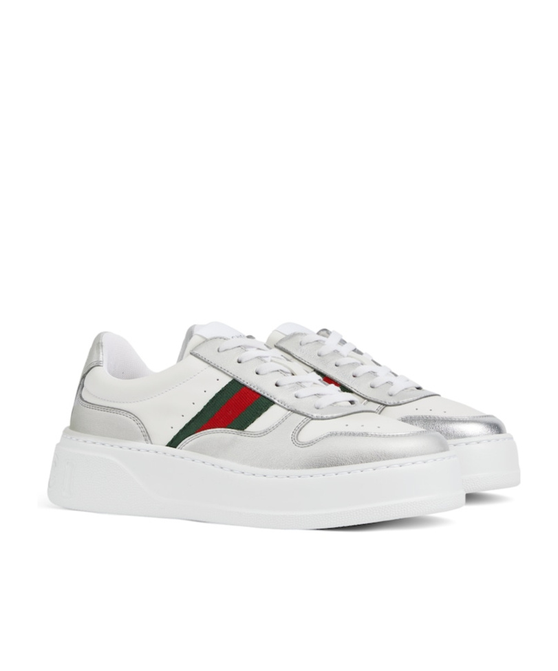 Gucci Stripe-detail Leather Sneakers In Silver