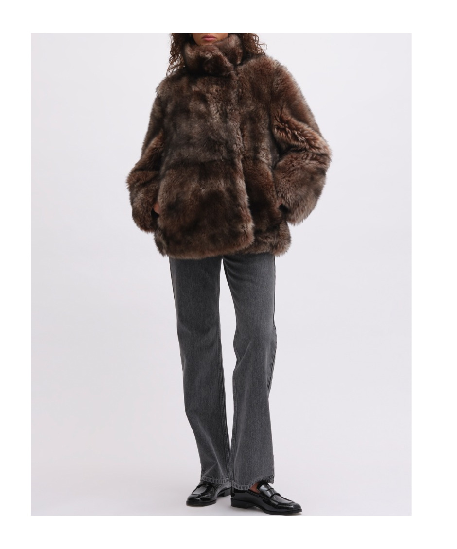 Remain Birger Christensen High-necked Woolen Fur Coat In Brown