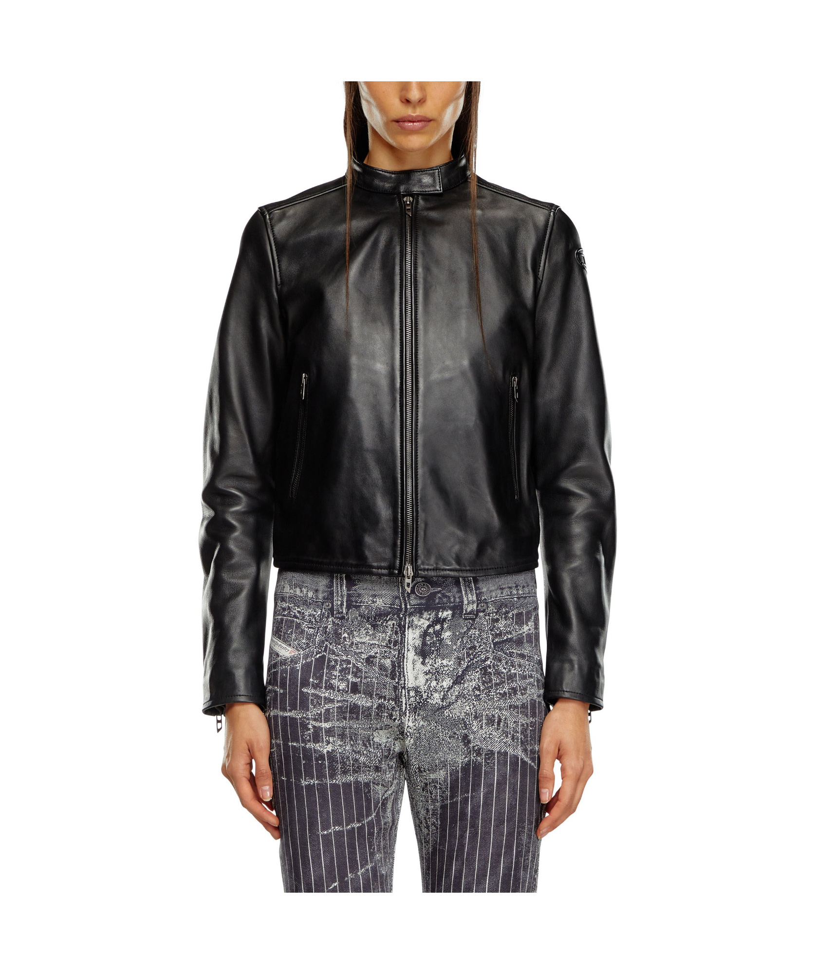 Diesel Black Lambskin Mock Neck Jacket In Black