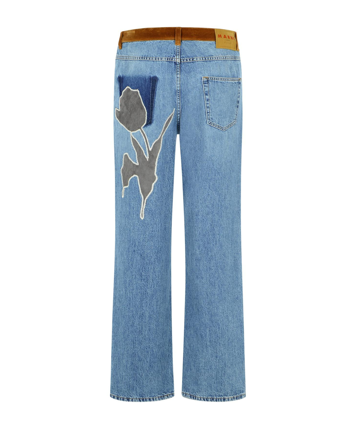 Marni Denim Trousers With Floral Patch Detail In Blue