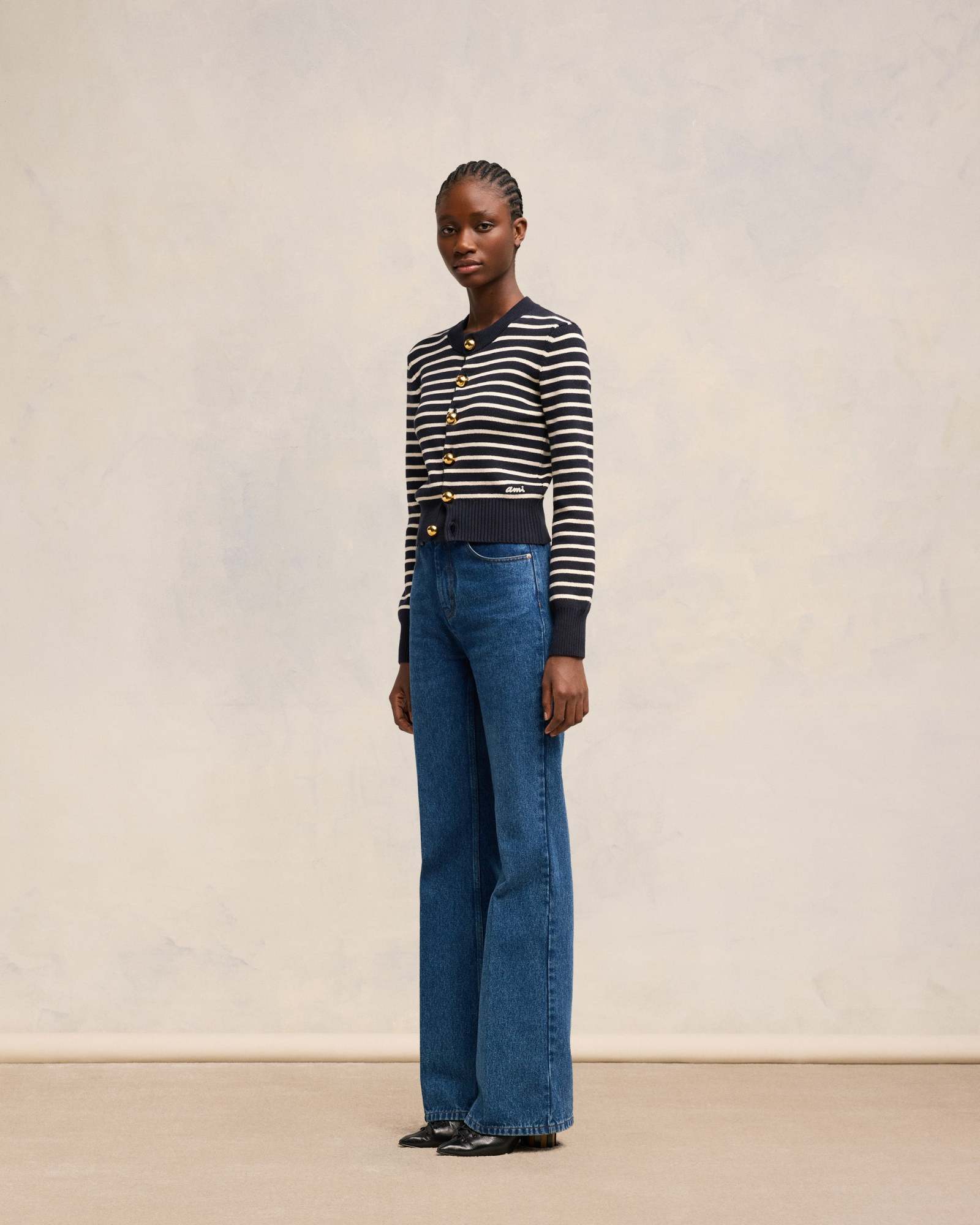 Ami Alexandre Mattiussi Ami Cropped Blue Cardigan With Striped Pattern In Black