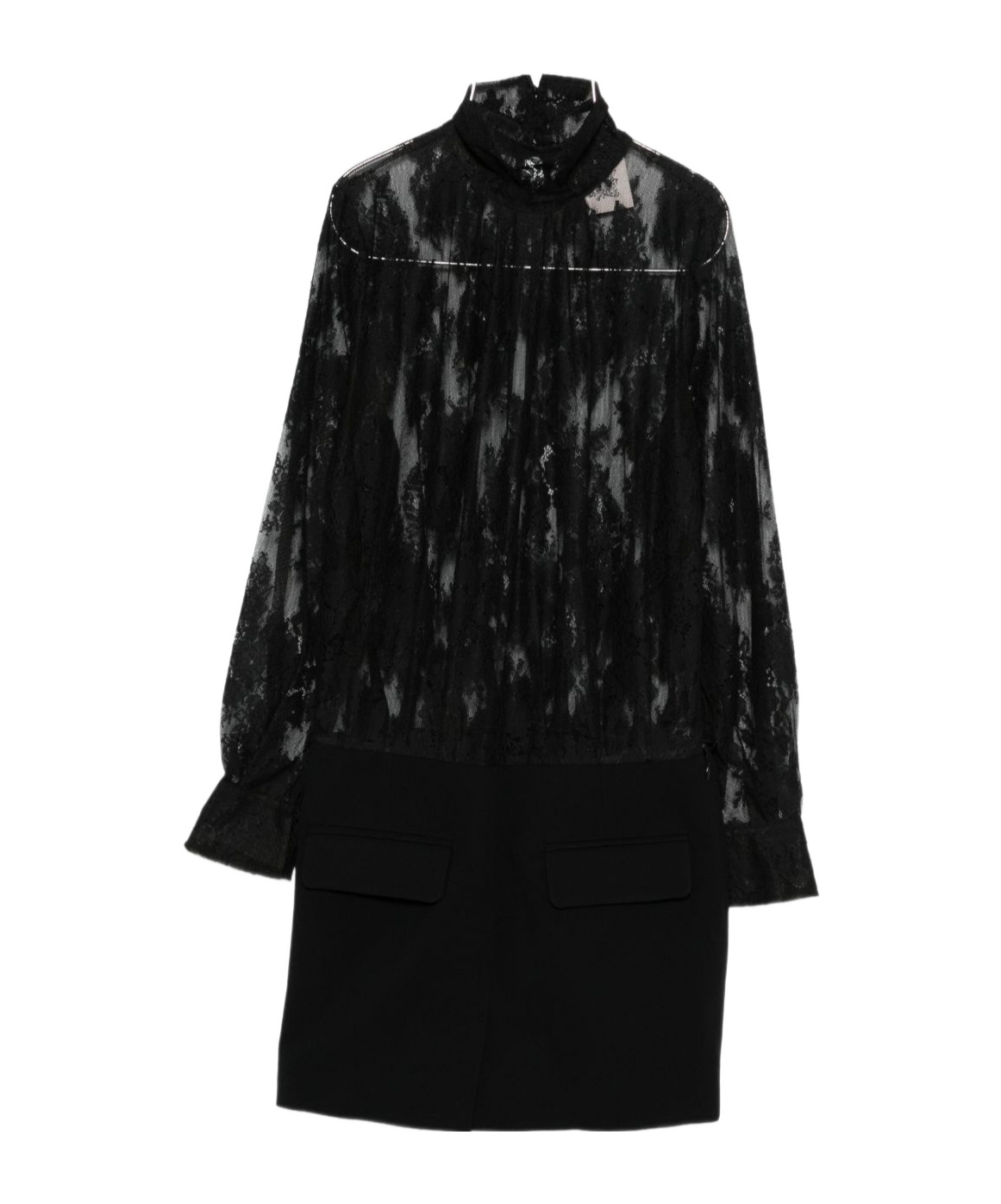 Semicouture Sheer Lace Bodice Mini Dress With Ruffle Cuffs In Black