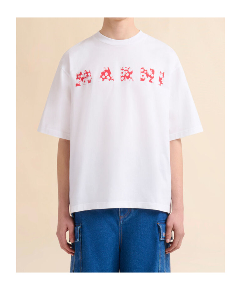 Marni T-shirt With Red Pop Fields  Logo In Lily White