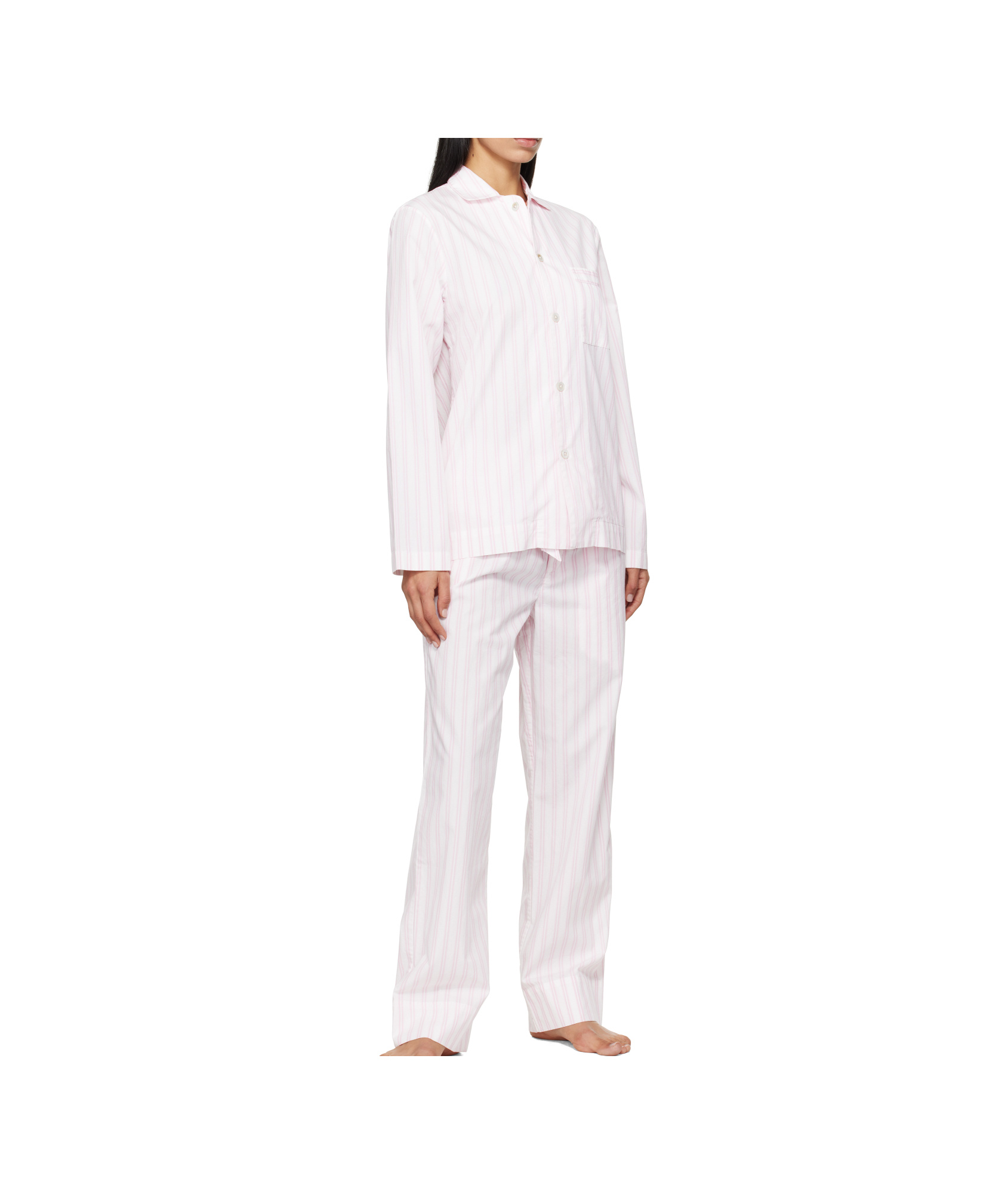 Tekla White & Pink Poplin Long-sleeved Pyjama Shirt In White/pink