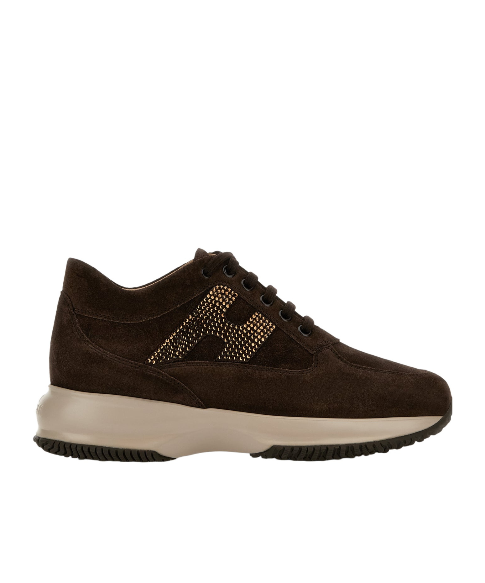 Hogan Interactive Suede Sneakers With Rhinestones Shoes In Brown