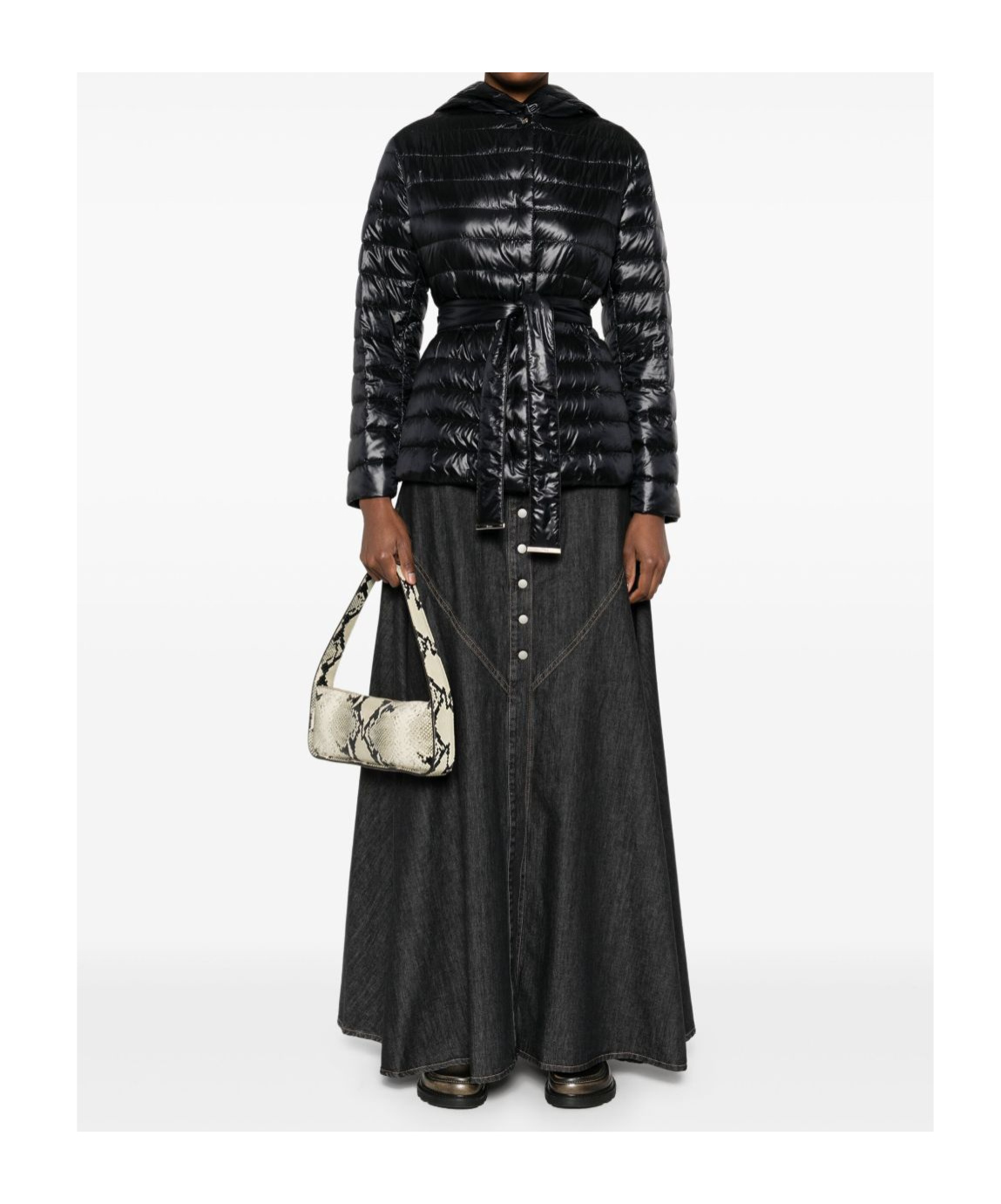 Herno Belted Waist Hooded Long Quilted Shiny Jacket In Black