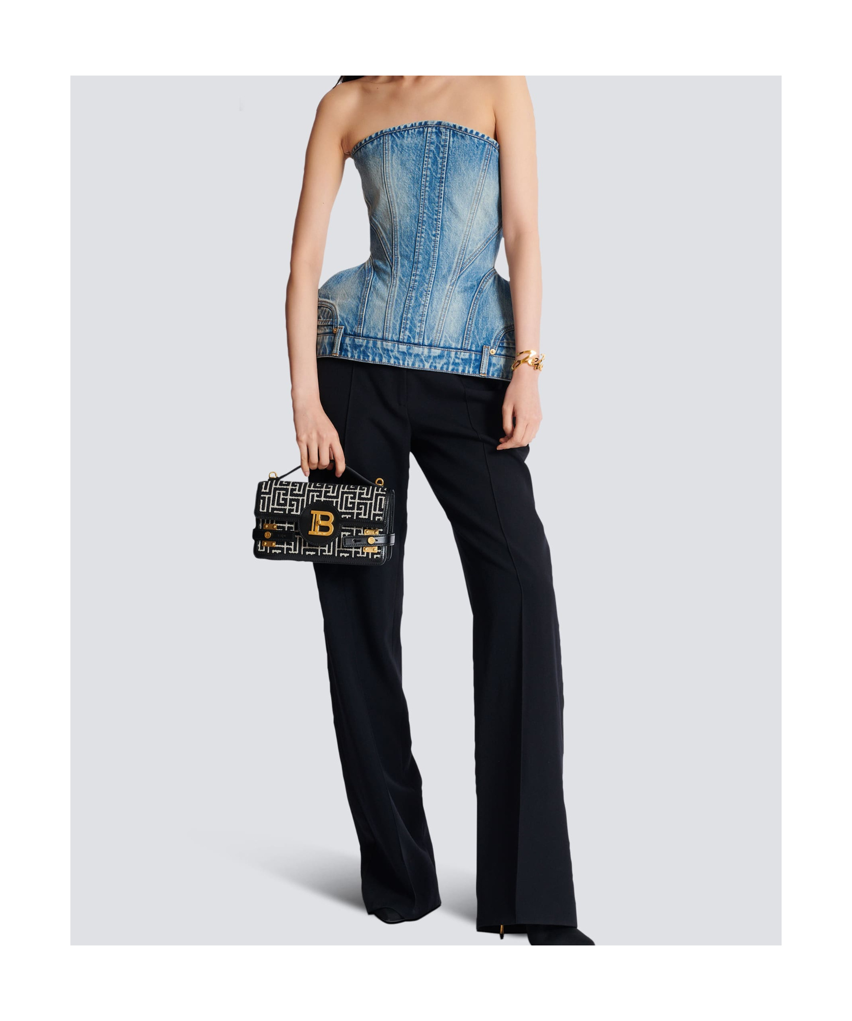 BALMAIN B-BUZZ SHOULDER 24 BAG IN CALFSKIN AND PB JACQUARD CANVAS