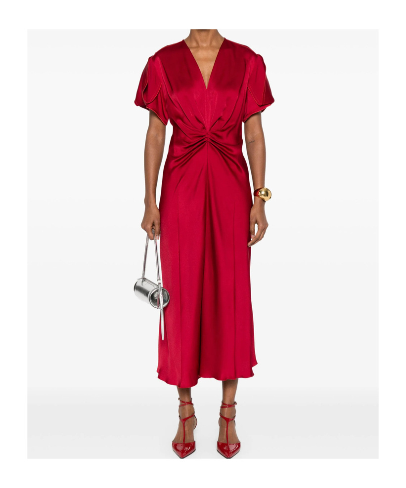 Victoria Beckham Gathered V Neck Midi Dress Tomato