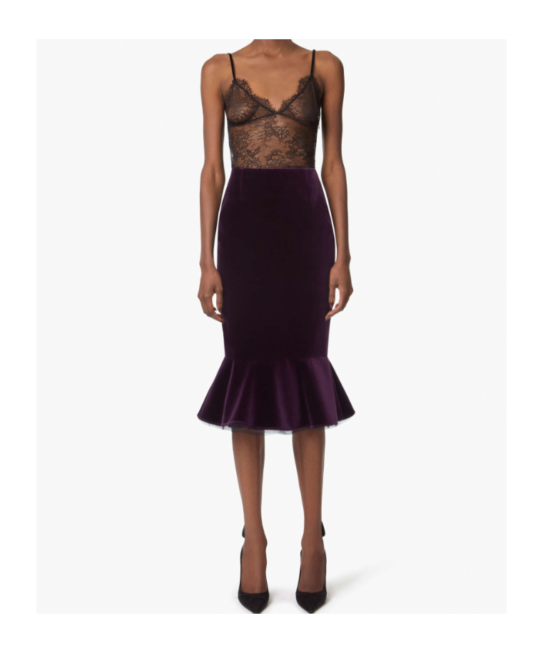 Nina Ricci Knee Length Velvet Skirt With Ruffled Hem In Purple