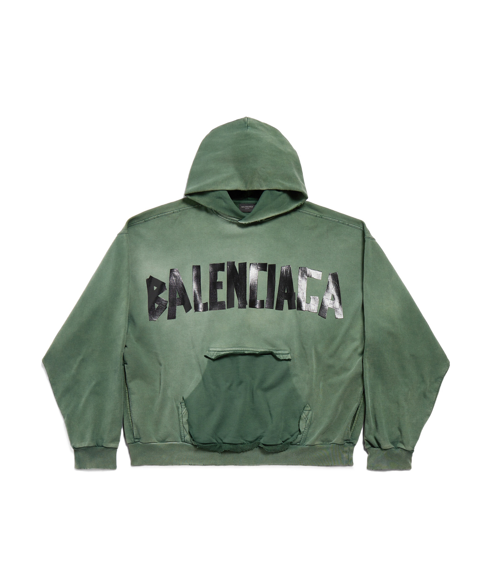 BALENCIAGA NEW TAPE TYPE RIPPED POCKET HOODIE LARGE FIT IN DARK GREEN