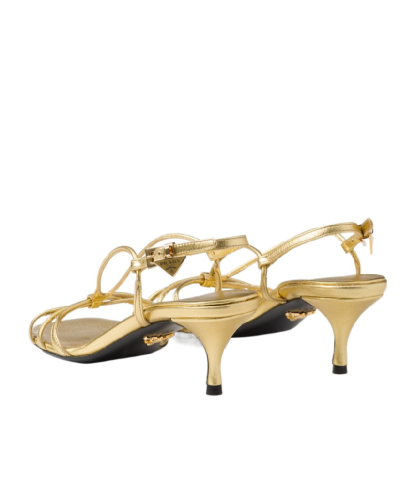 Prada Leather Kitten Heel Sandals With Metallic Finish In Golden