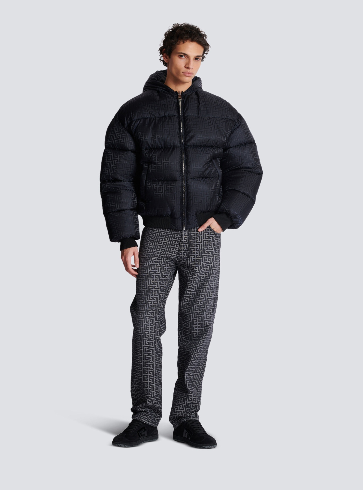 Balmain Pb Labyrinth Jacquard Nylon Puffer Jacket In Black