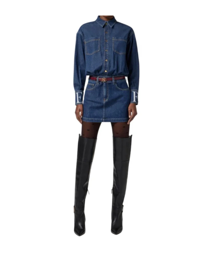 Elisabetta Franchi Shirt-style Denim Dress With Contrast Stitching In Blue