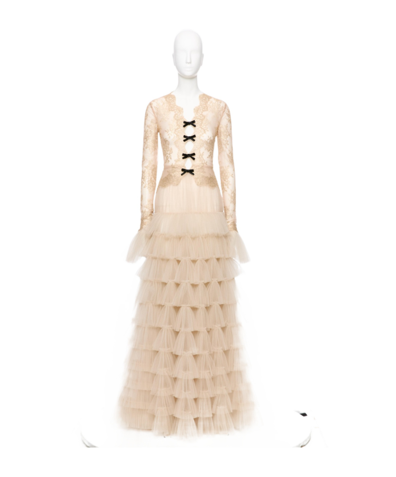 Valentino Long-sleeved Evening Gown In Neutral