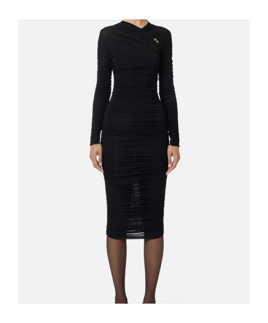 Elisabetta Franchi Long Sleeve Midi Dress With Sheer Fabric In Black