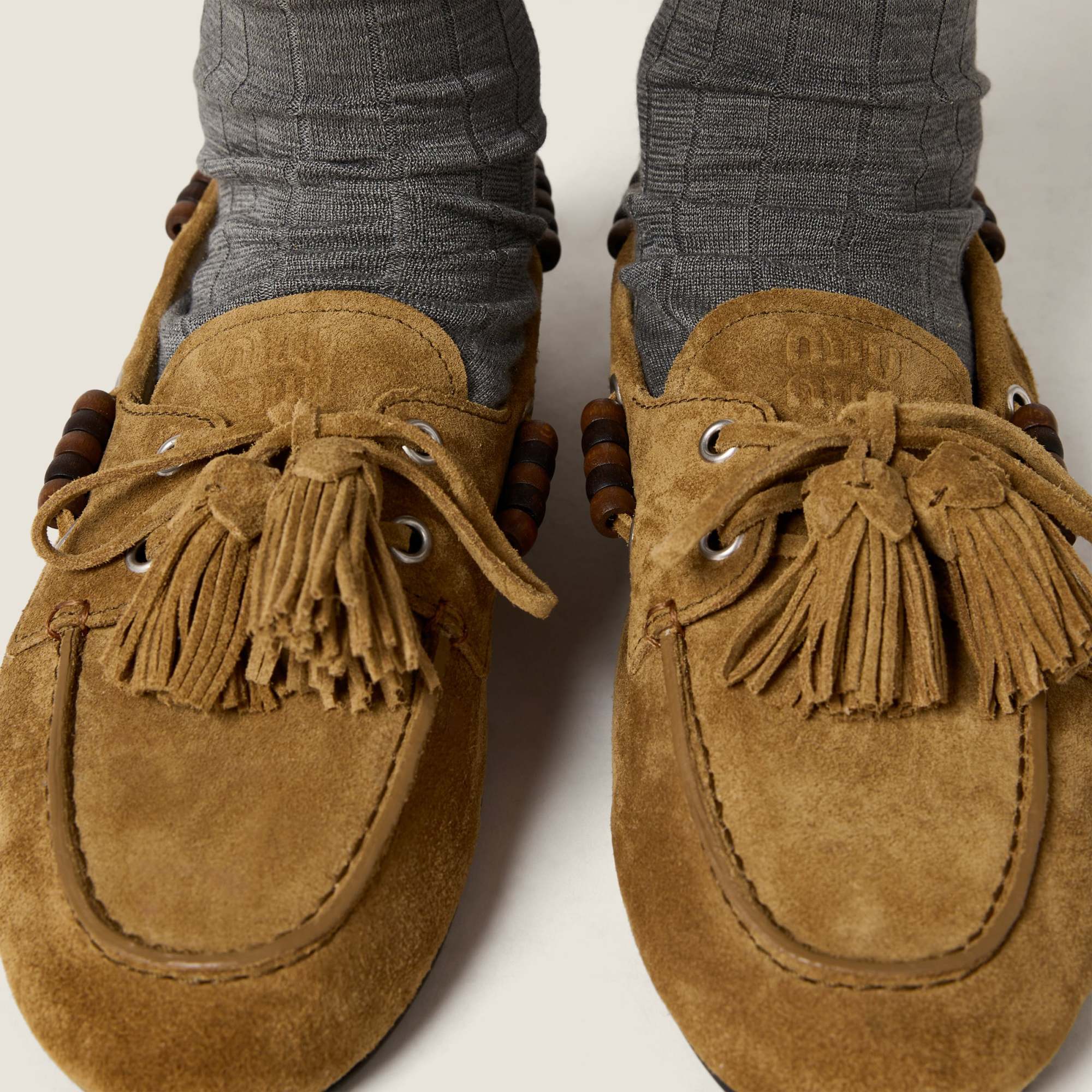 Miu Miu Suede Tassel Moccasin Loafers In Green