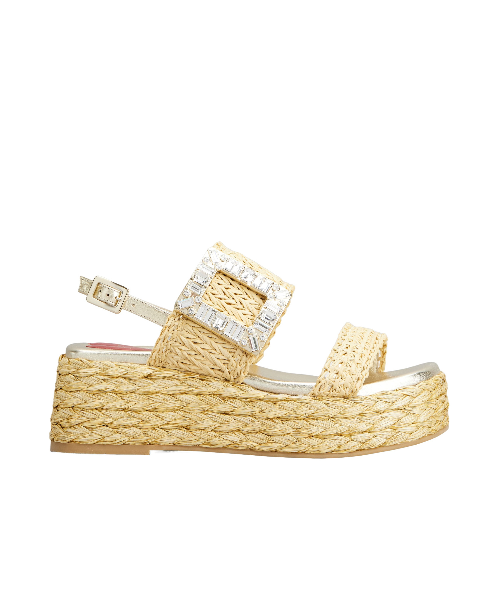 Shop Roger Vivier Strass Buckle Wedge Sandals In Raffia In Beige