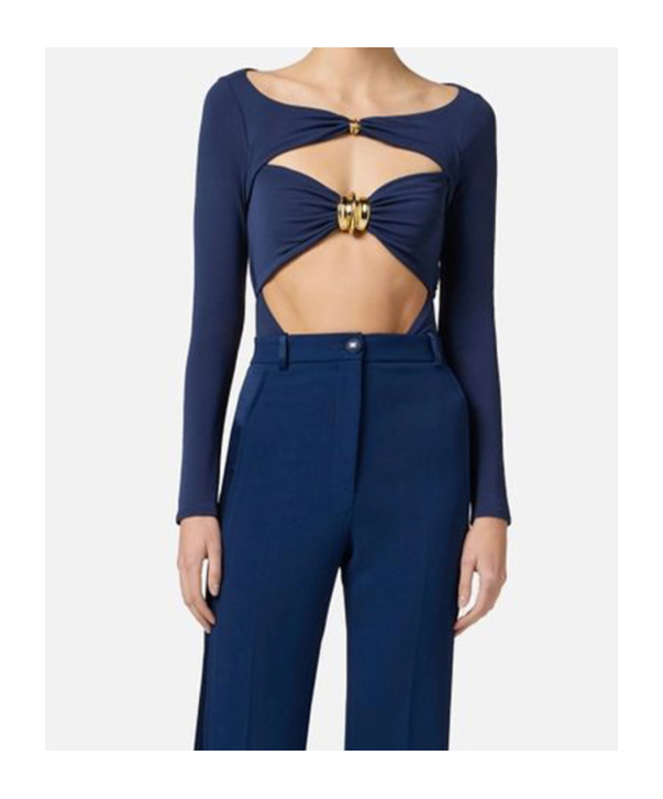 Elisabetta Franchi Cut-out Viscose Top With Gold Accent In Blue