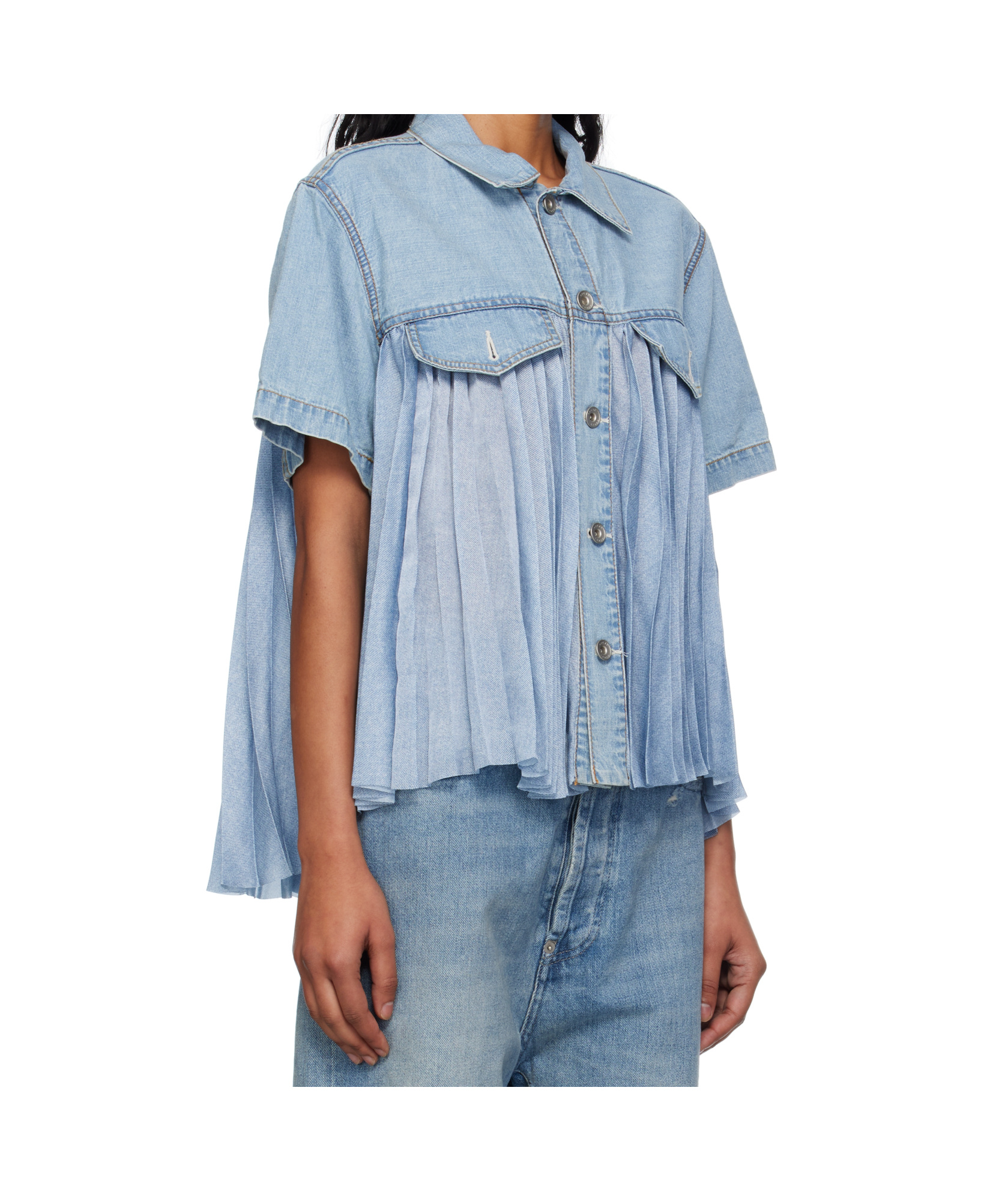 Sacai Pleated Denim Shirt In Blue