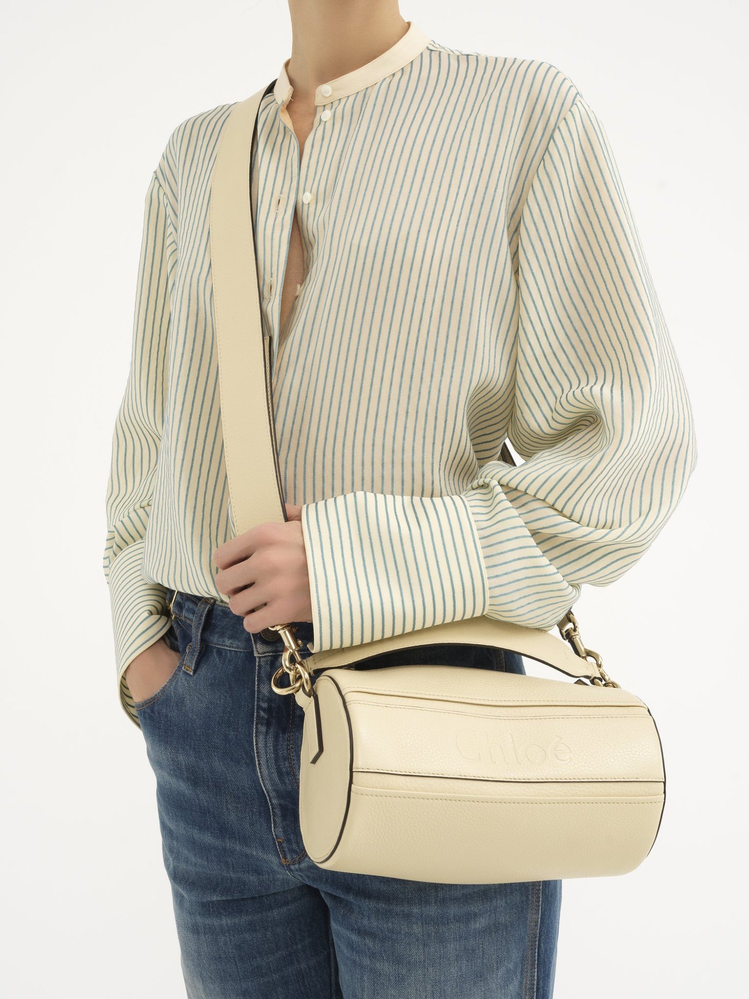 Chloé Chloe Woody Tube Shoulder Bag In Grained Calfskin In Neutral