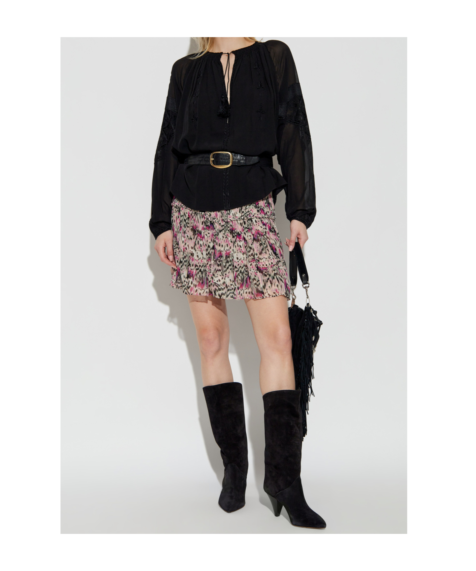 Isabel Marant Tiered Silk Skirt With Abstract Pattern In Gray