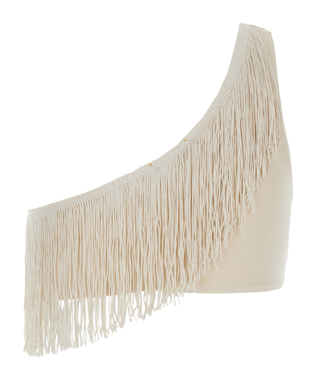 Forte Forte Beige One-shoulder Top With Fringe Embellishments In Tech Fabric Stretch Woman
