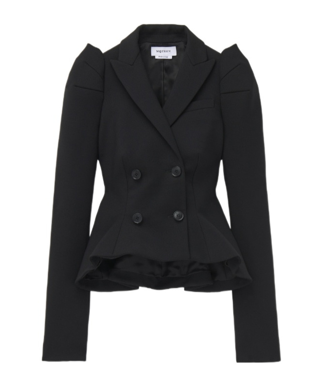 Alexander Mcqueen Mcqueen Pleated Puff Shoulder Stretch Wool Crop Jacket In Black