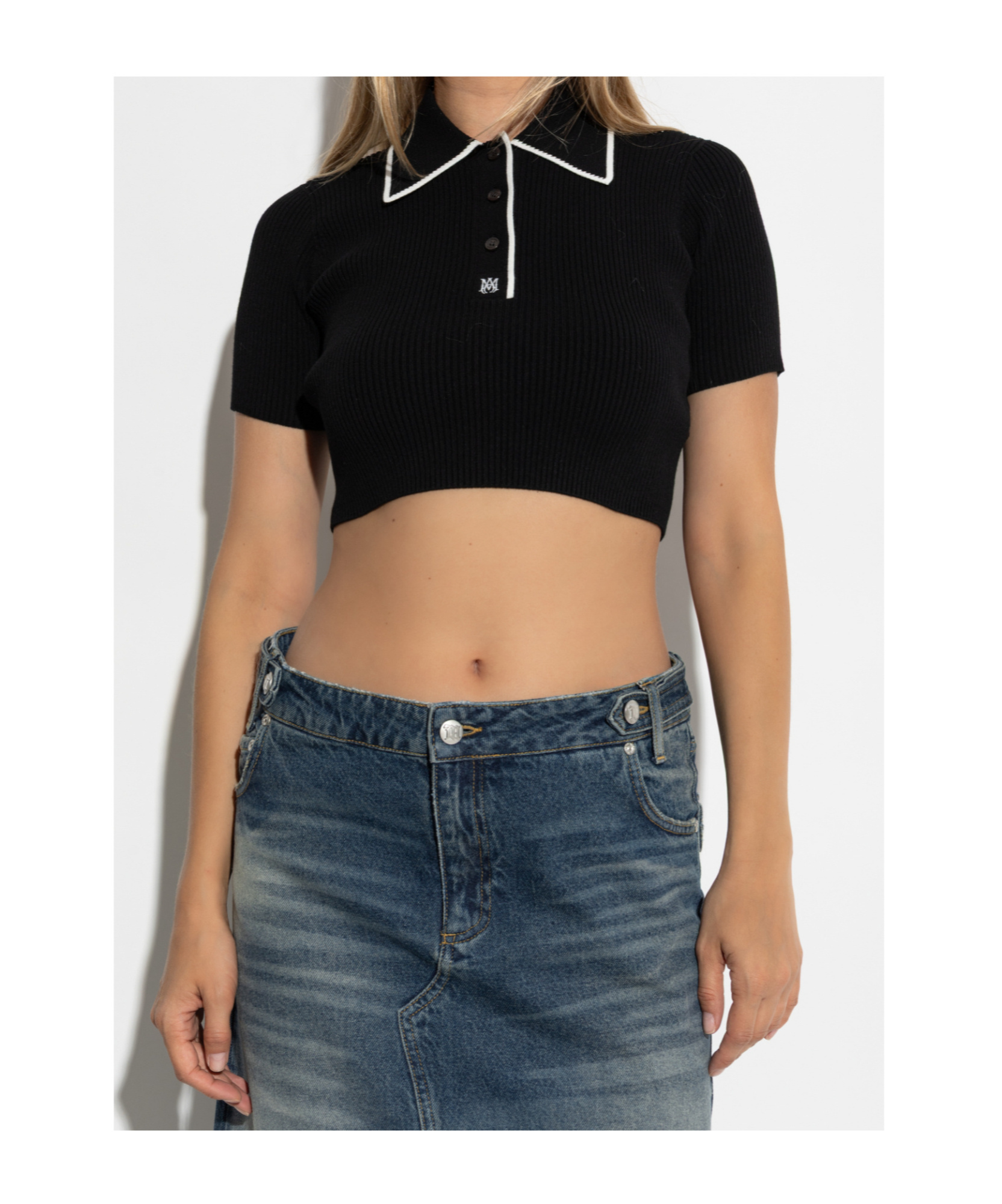 Amiri Cropped Polo Knit Top With Ribbed Texture In Black