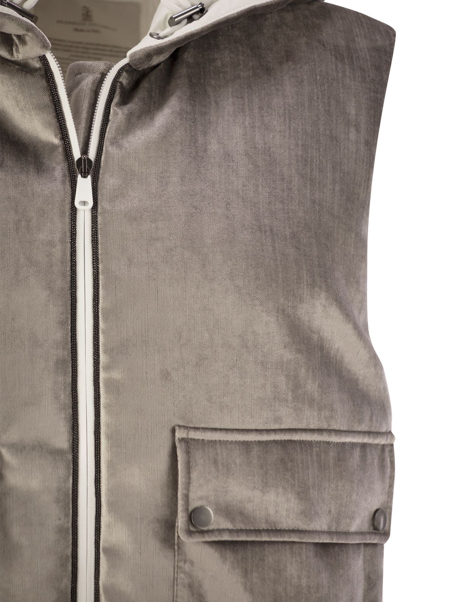 Brunello Cucinelli Chenille Vest With Drawstring Hem And Hood In Gray