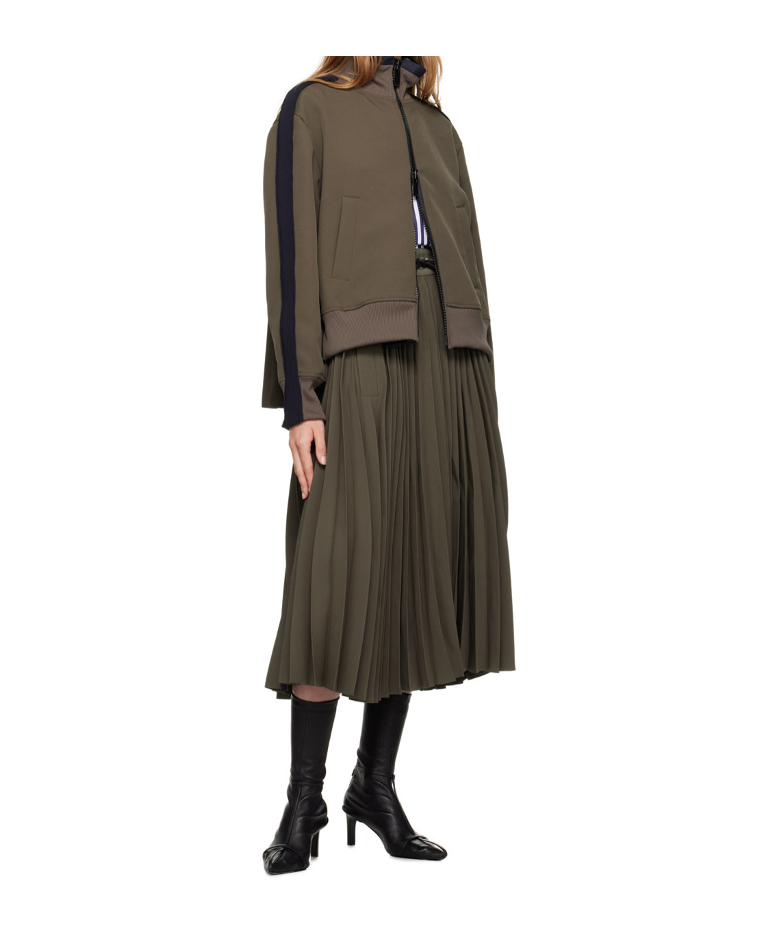 Sacai Ribbed-knit Trimmed Pleated Tech-jersey Midi Skirt In Brown