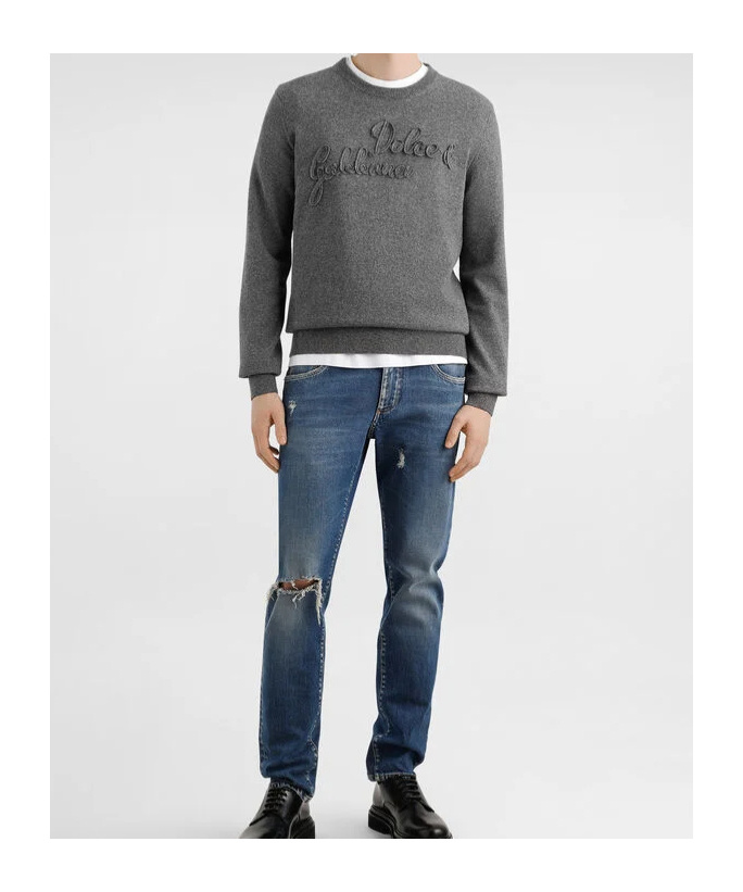 Dolce & Gabbana Grey Crewneck Logo Sweater In Gray