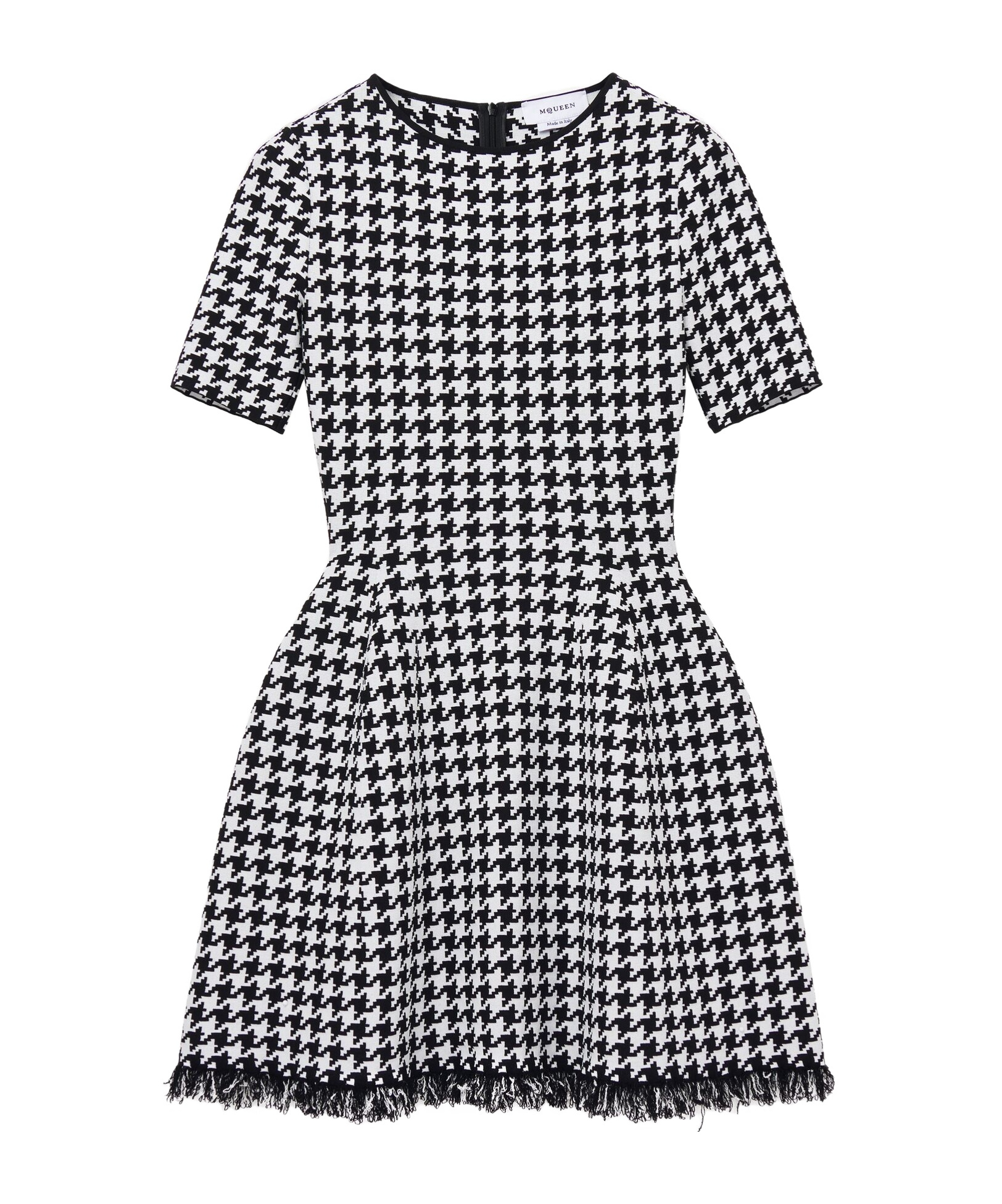 Alexander Mcqueen Fringe Trim Houndstooth Round Neckline Short Sleeves In Black